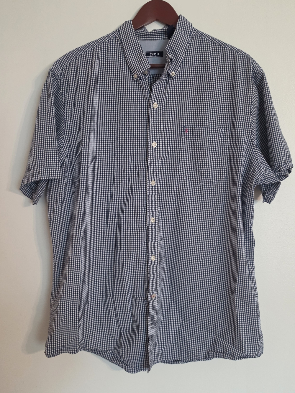 Izod Men’s Navy and White Gingham Short-Sleeve Button-Down Shirt